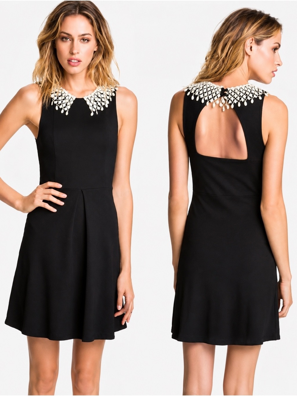 Free People Black Fit & Flare Mini Dress White Lace Collar Open Back Size S